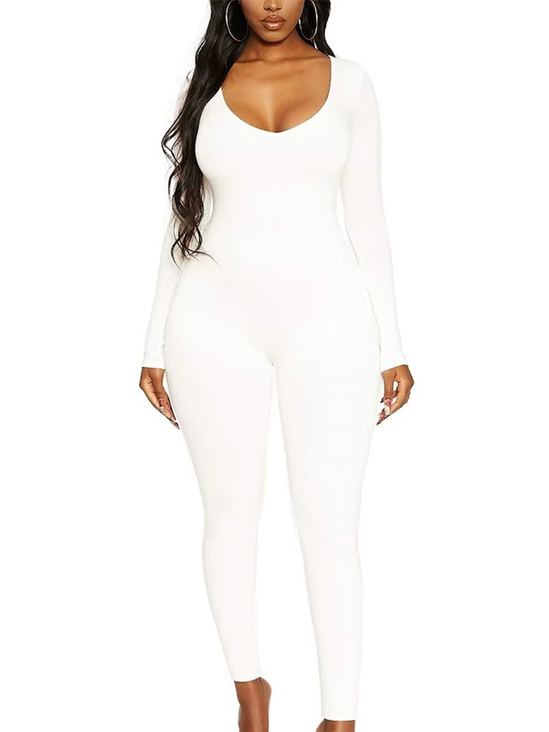 Spring Summer New Women'S Long Sleeve Solid Color Skinny Jumpsuit Fashion Sports Fitness Pullover Casual Wear