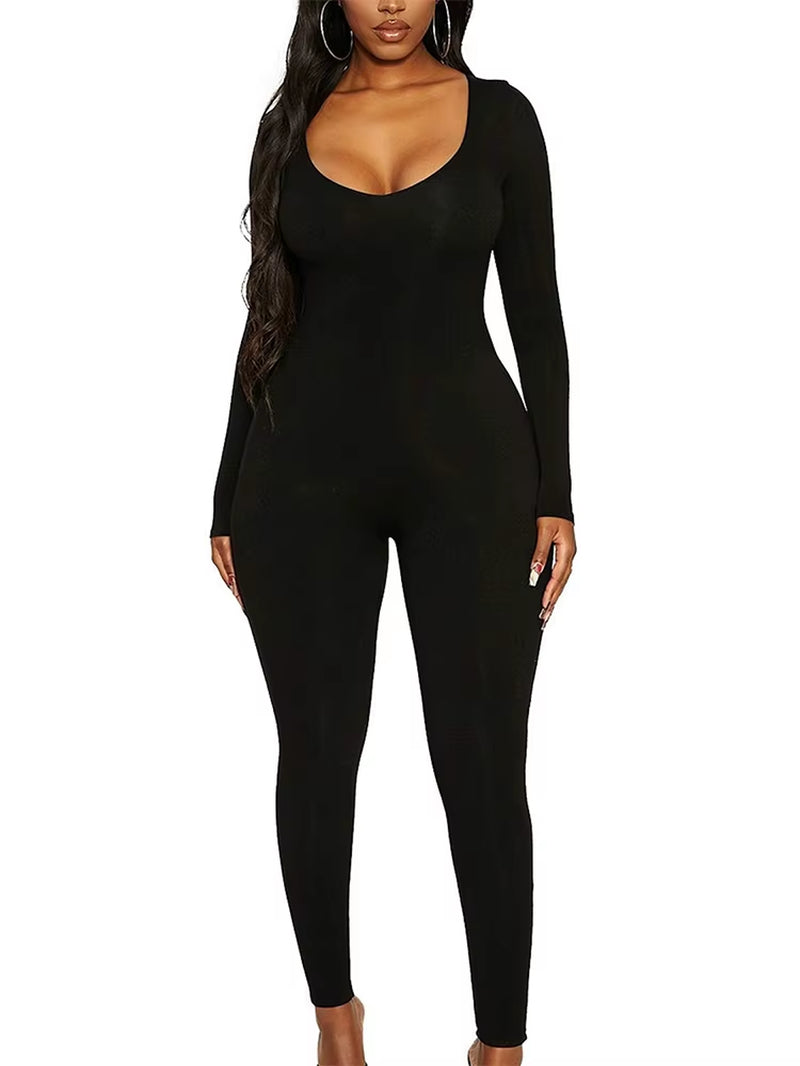 Spring Summer New Women'S Long Sleeve Solid Color Skinny Jumpsuit Fashion Sports Fitness Pullover Casual Wear