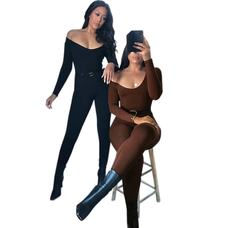 Spring Summer New Women'S Long Sleeve Solid Color Skinny Jumpsuit Fashion Sports Fitness Pullover Casual Wear