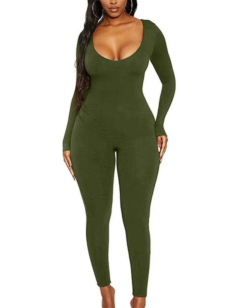 Spring Summer New Women'S Long Sleeve Solid Color Skinny Jumpsuit Fashion Sports Fitness Pullover Casual Wear