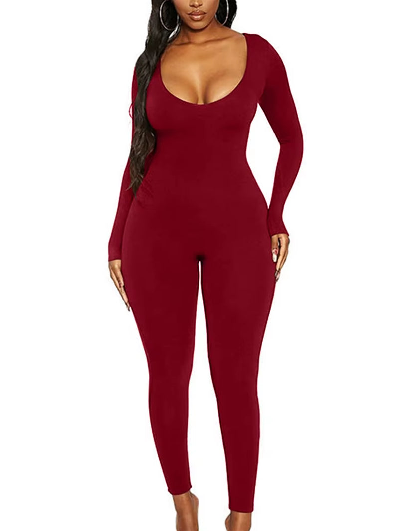 Spring Summer New Women'S Long Sleeve Solid Color Skinny Jumpsuit Fashion Sports Fitness Pullover Casual Wear
