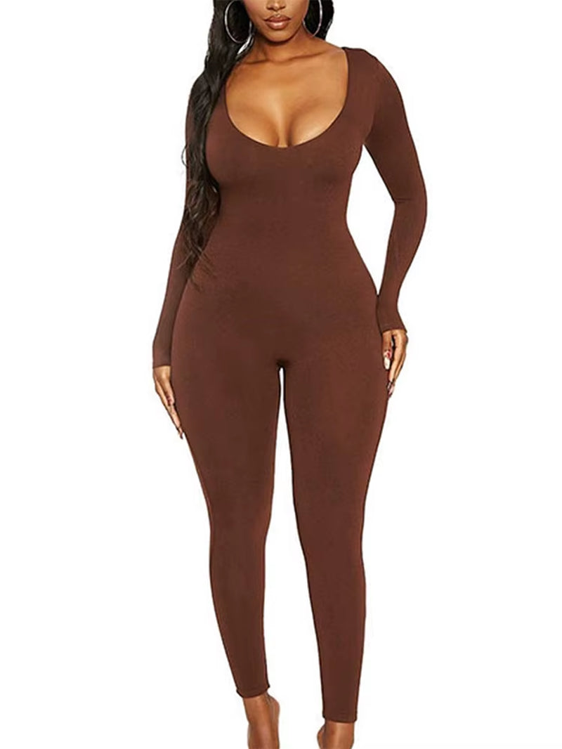 Spring Summer New Women'S Long Sleeve Solid Color Skinny Jumpsuit Fashion Sports Fitness Pullover Casual Wear
